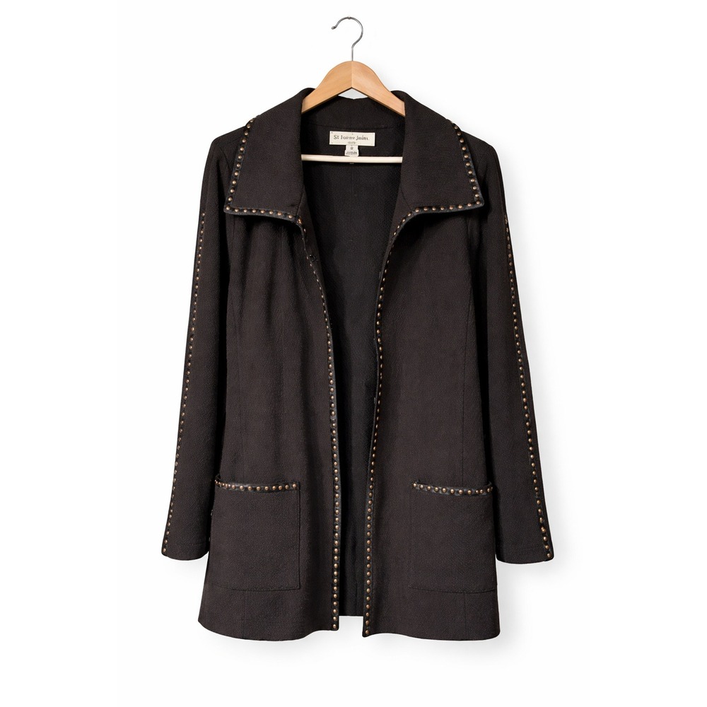 St John Collection Santana Knit Studded Trim Jacket Long Brown Sz 4 USA Luxury‎